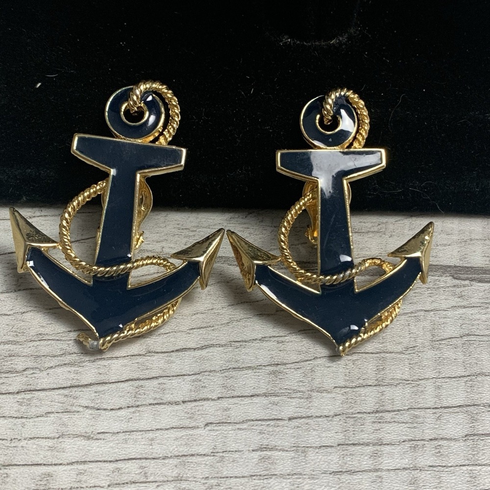 Earrings Blue Enamel Clip On Gold Tone Rope Around Anchor Sea Nautical Captain